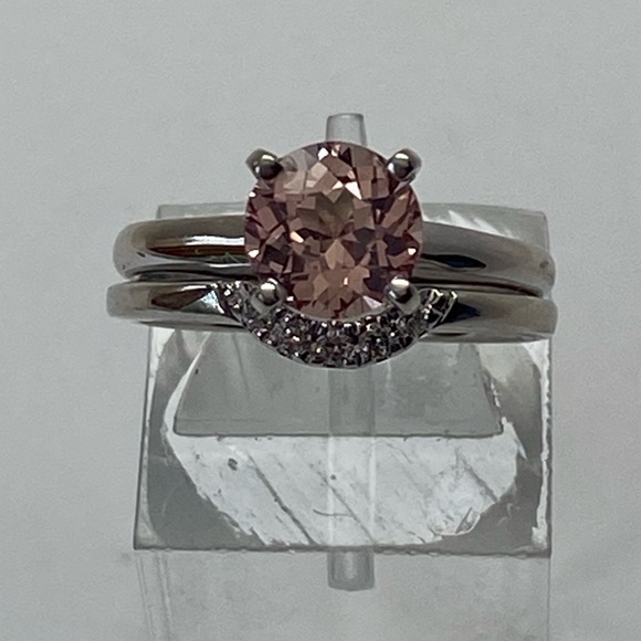 14K White Gold Morganite Solitaire Engagement Ring with Diamond Wedding Band - Picture 1 of 15